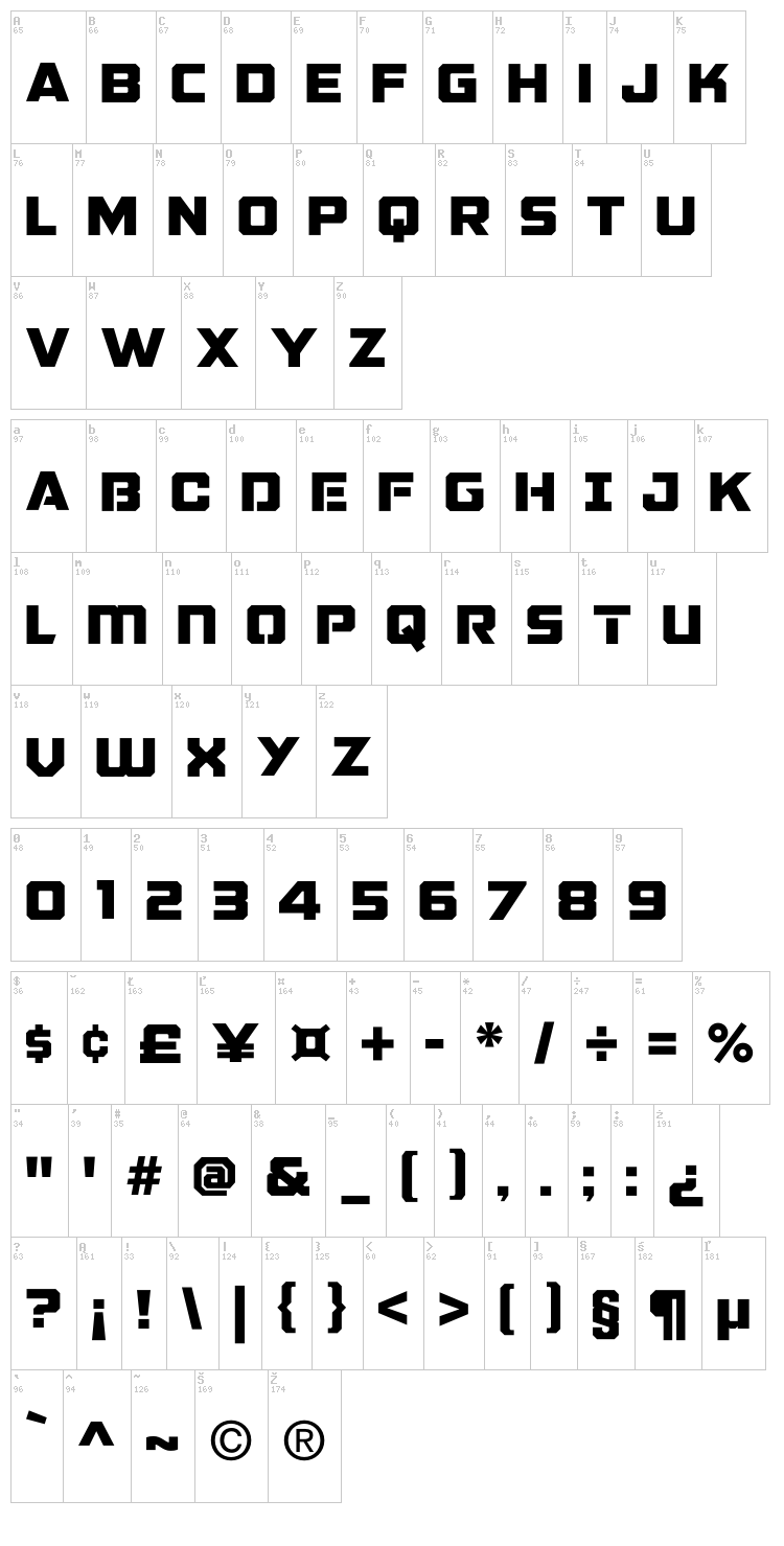Galactic Vanguardian font map